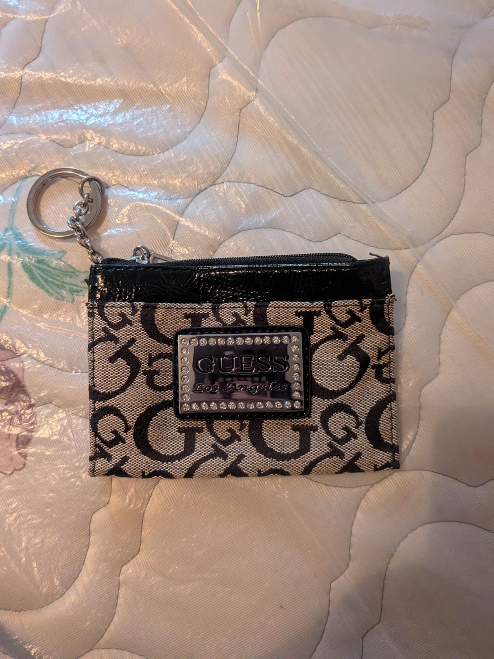 Guess Beige & Black Monogram Card Case with Keyring